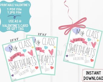 My Class is Full of Sweethearts Printable Card, Valentine's Day Gift Tag, Teacher Valentine's Card, Valentine Cards for Classroom, Digital