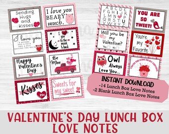 Valentine's Day Lunch Box Printable Love Notes, Kid's Valentine's Love Notes, Printable Lunch Box Notes, Valentine's Day Cards, Digital