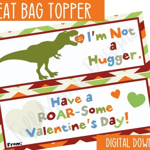 Dinosaur Valentine&#39;s Treat Bag Topper, Valentine&#39;s Day Treat Bag Topper, Classroom Favor Bag, Goody Bag Topper, Boy Valentine, Digital