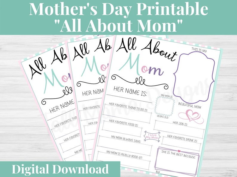 Op de afbeelding: Printbare "Alles over mama" Moederdag-activiteitsblad met invulvragen over een moeder. Het blad is versierd met roze en blauwe strepen en harten.