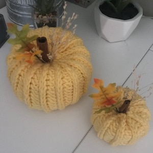 K&ouml;nnte beinhalten: Zwei gestrickte K&uuml;rbisse in gelber Farbe mit Herbstlaub-Akzenten. Der gr&ouml;&szlig;ere K&uuml;rbis hat einen Stiel aus Zimtstange und der kleinere K&uuml;rbis hat einen Stiel aus braunem Zweig.