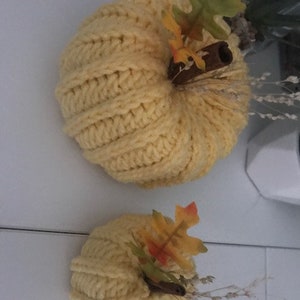K&ouml;nnte beinhalten: Zwei gestrickte K&uuml;rbisse mit Herbstdekoration. Der gr&ouml;&szlig;ere K&uuml;rbis ist gelb und hat einen Zimtstange und Herbstbl&auml;tter. Der kleinere K&uuml;rbis ist ebenfalls gelb und hat einen Zimtstange und Herbstbl&auml;tter.