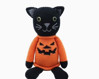 Halloween Hand-Knit Black Cat Plush, Black Cat Plush