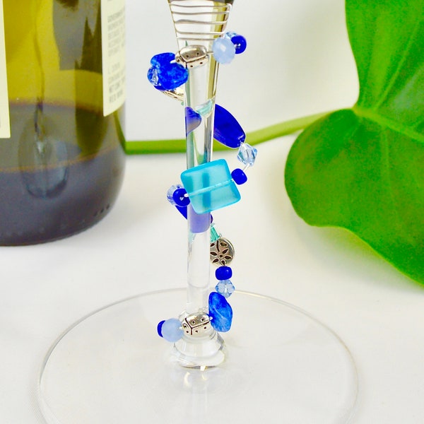 Blue Stemware Gem-Wineglass Charm with Faceted Glass, Stone and Metal Beads- Jewelry for Your Wineglass!