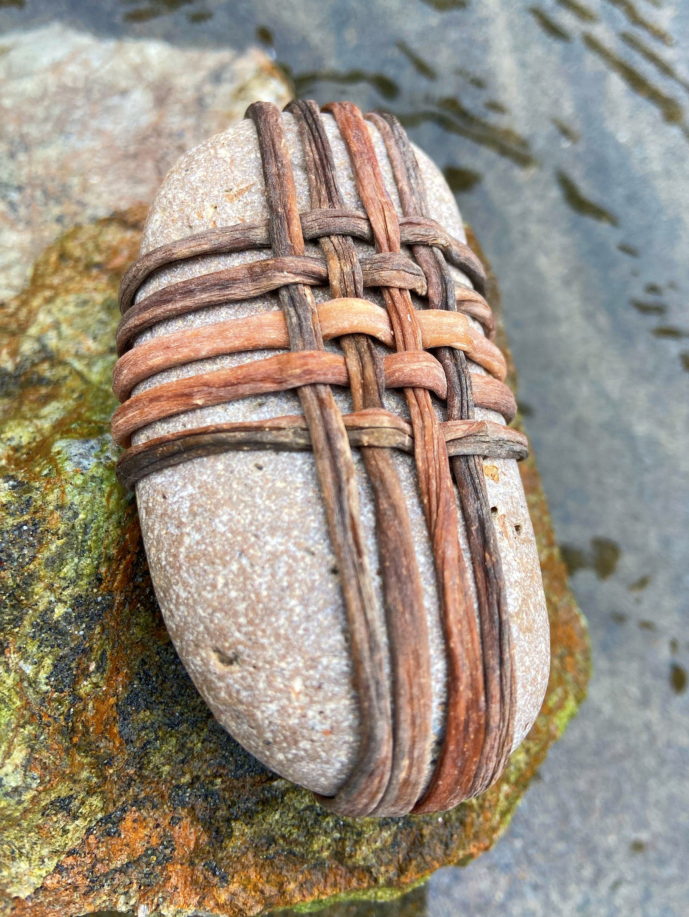 Basket Stone S, Zen Rock Wrap, Meditation Stone, Kelp Fiber Wrapped Rock