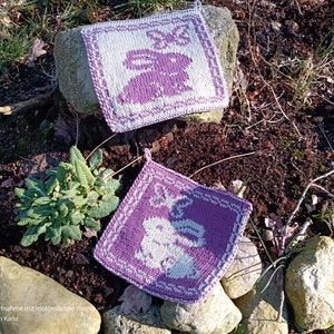 May include: Two square, knitted potholders with a purple and white bunny design. The potholders have a white border and a loop for hanging. They are placed on a bed of soil and rocks, with green plants in the background.