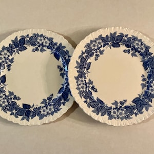 May include: Two white ceramic plates with a blue floral design around the rim. The design includes leaves, flowers, and berries. The plates have a scalloped edge.