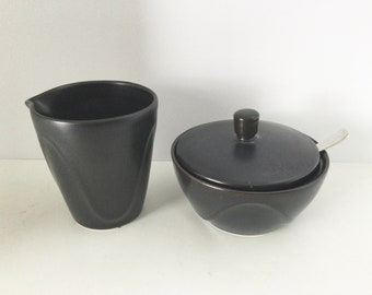 Dansk Onyx Black ORIGAMI Creamer & Sugar Bowl w/ Lid and Spoon Japan