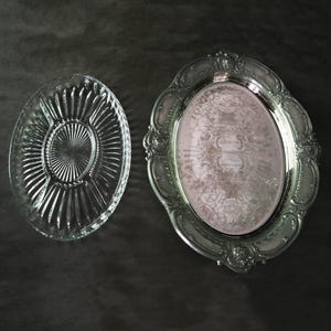 antique silver plate oval tray with glass insert