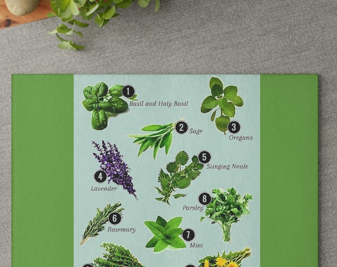 Featured listing image: Elegant Glass Cutting Board with ' Plants and Herbs' Design, Kitchen Decor, Gift for Chefs, Food Prep