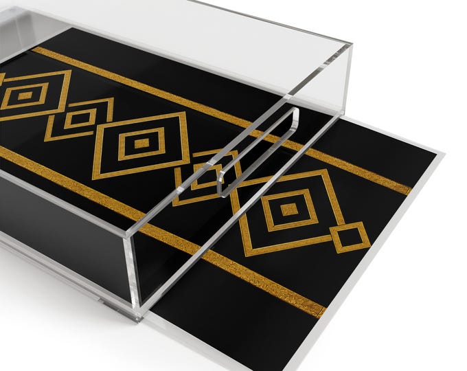 Gold Geometric Pattern Serving Tray | Black & Metallic Home Decor Tray