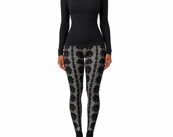 Floral Lace High-Waisted Yoga Style Leggings — Black Vintage Rose