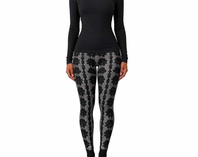 Floral Lace High-Waisted Yoga Style Leggings — Black Vintage Rose