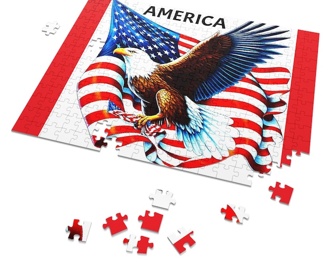 Featured listing image: USA American Flag Eagle Art Puzzle with Tin, Red White Blue Decor, Game Night - 252 Pieces