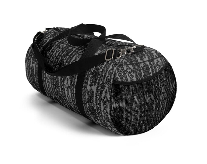Grey Lace Black Floral Pattern Duffel  Weekend Travel Bag