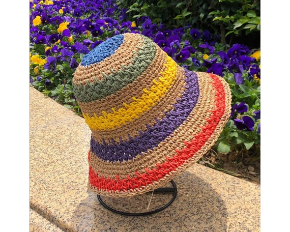 Summer Straw Wide Brim Rainbow Hat ,Bucket Hats ,sun Hats for Women Beach Hat