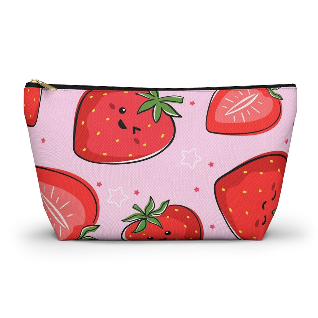 Kawaii Strawberries Cute Fruit Makeup Bag. Art on Fun Travel Purse