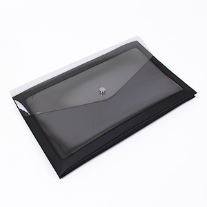 May include: Black leather envelope with a clear plastic flap and a silver button closure.