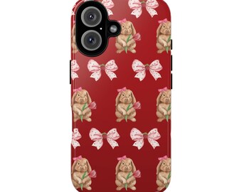 Süße Handytasche Häschen mit rosa Schleifen Ästhetische Kokette Schutzhülle für iPhone, Samsung | Rotes Blumenmuster Harte Fälle