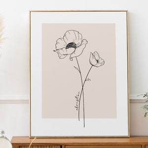 Impresión de flores del mes de nacimiento, arte mural minimalista de flores, flores de arte lineal botánico, decoración de pared beige neutro, descarga digital imprimible