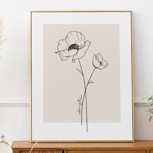 Birth Month Flower Print, Flower Wall Art, Minimalist Flower Printable, Botanical Line Art Flowers, Neutral Wall Art, Beige Wall Decor