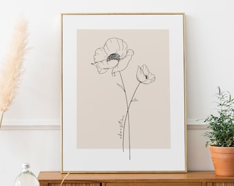 Birth Month Flower Print, Flower Wall Art, Minimalist Flower Printable, Botanical Line Art Flowers, Neutral Wall Art, Beige Wall Decor