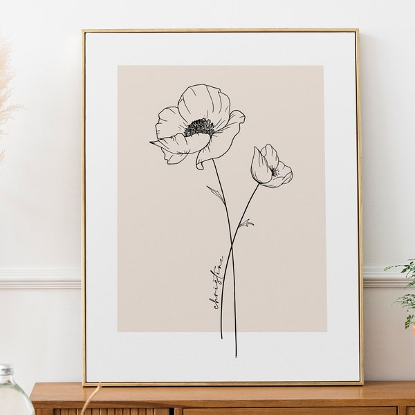 Geburtsmonat Blumendruck, minimalistische Blumenwandkunst, botanische Linie Kunstblumen, neutrale beige Wanddekoration, digitaler Download zum ausdrucken