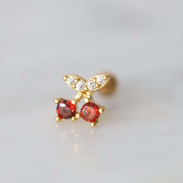 18K Tiny Red Cherry Earrings • Dainty Cherry Stud • Fruit Earrings• Upper Earlobe Cartilage • Helix Tragus • Implant Titanium •Conch Earring