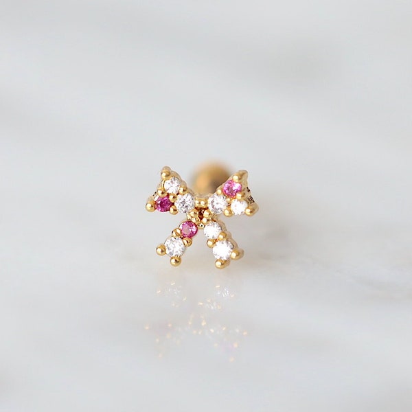 Bow Pink Gem Stud • Implanted Grade Bow stud • Small Bow Stud • Miminal Stud • Stacking Earrings • Tiny Tragus Studs • Pink Bow Earrings