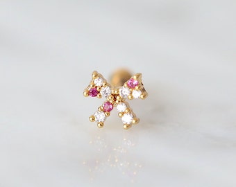 Bow Pink Gem Stud • Implanted Grade Bow stud • Small Bow Stud • Miminal Stud • Stacking Earrings • Tiny Tragus Studs • Pink Bow Earrings