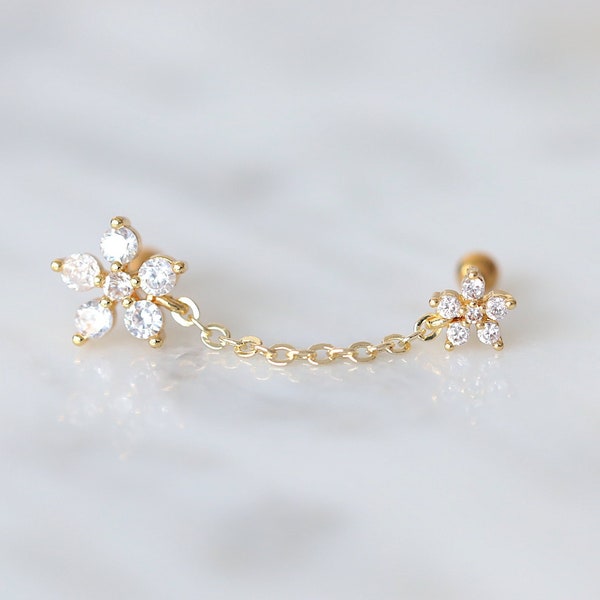 Gold Flower Chain Earrings • Double Flower Earrings • Small Flower Earrings • Dainty Chain CZ Double Flower Shaped Stud Earrings • Studs