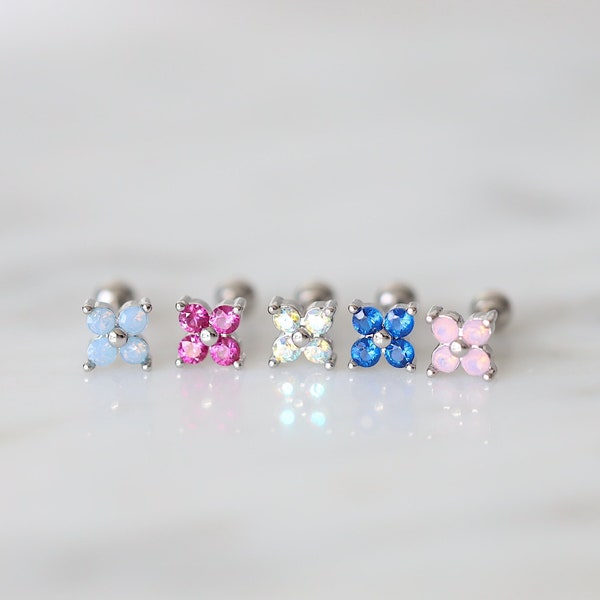 Tiny Flower Studs • 18K Flower Helix • Clover Earrings • Flower Dainty Stud • Floral Stud • Blue Flower Stud • Flower Jewelry• Pink Flower