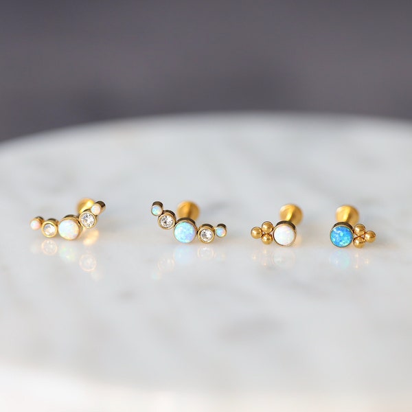 Blue Opal Stud • Fire Blue Earrings • 18K Gold Labret Stud • Minimal Studs Set • Helix Hoop • Small Cartilage Earrings • Gift Idea