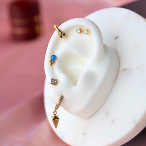 Blue Opal Stud • Fire Blue Earrings • 18K Gold Push Pin Labret Stud • Minimal Studs Set • Helix Hoop • Small Cartilage Earrings • Gift Idea