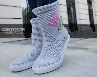 Premium crochet boots with italian flexible soles and turkish wool/cotton, Chique Crochet , Pink rose boots , Handmade boots , Boho style