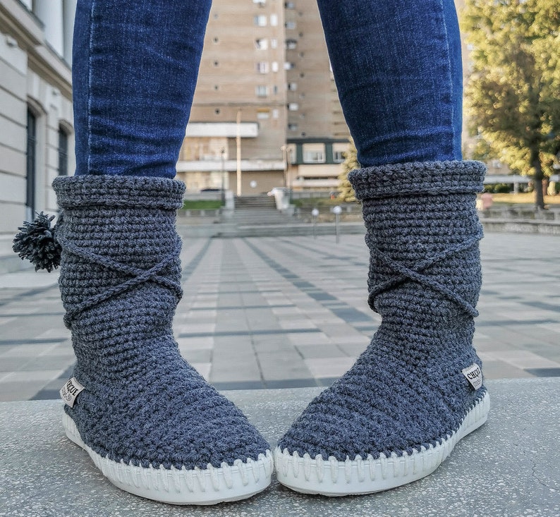 Bohemian handmade boots women , crochet daily boots , ugg style boots women , fashion crochet boots, grey high ankle boots , knitted boots image 2