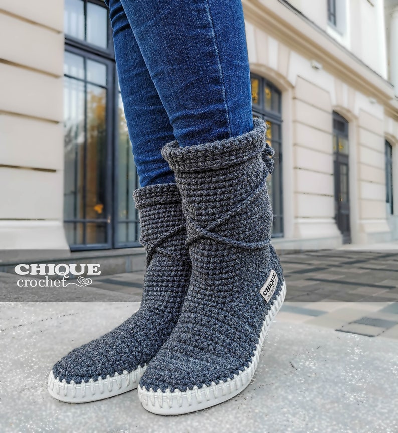 Bohemian handmade boots women , crochet daily boots , ugg style boots women , fashion crochet boots, grey high ankle boots , knitted boots image 1