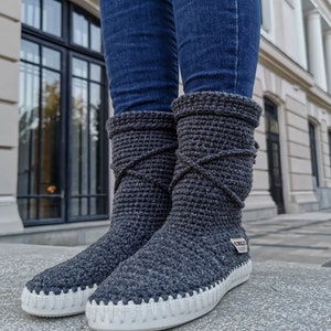 Bohemian handmade boots women , crochet daily boots , ugg style boots women , fashion crochet boots, grey high ankle boots , knitted boots image 3