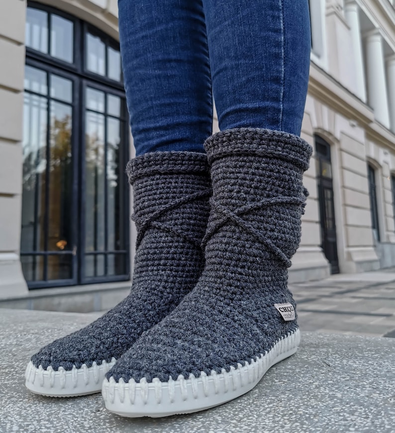 Bohemian handmade boots women , crochet daily boots , ugg style boots women , fashion crochet boots, grey high ankle boots , knitted boots image 3