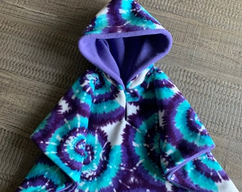 Purple Tie Dye car seat poncho, kids winter poncho coat, double layers, soft car seat blanket, option for pockets.