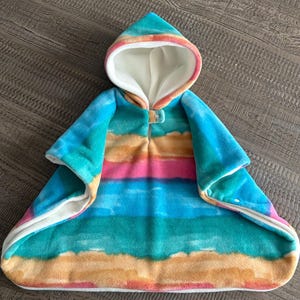 Colorful strips car seat poncho, kids winter poncho coat/jacket, hooded, double layers, soft car seat blanket.