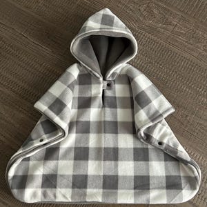 Gray plaid car seat poncho, kids winter poncho coat/jacket, hooded, double layers, soft car seat blanket.