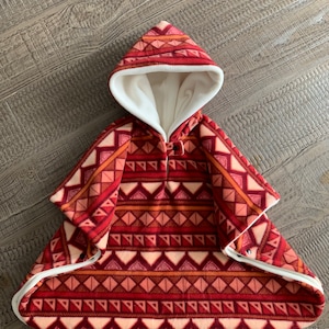 Red Aztec car seat poncho, kids winter poncho coat, double layers, soft car seat blanket, option for pockets.