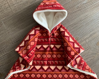 Red Aztec car seat poncho, kids winter poncho coat, double layers, soft car seat blanket, option for pockets.