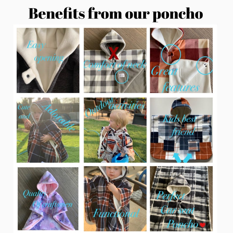 Blue and Gray plaid car seat poncho,kids winter poncho coat ,double layers,soft car seat blanket,option for pockets. image 5