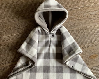 Gray plaid car seat poncho, kids winter poncho coat, double layers, soft  car seat blanket, option for pockets.