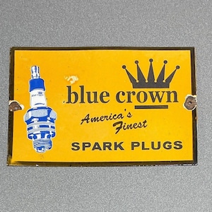 VINTAGE Rare BLUE CROWN Spark Plugs 12” Porcelain Sign Gas Oil Car