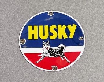 VINTAGE HUSKY DOG Gasoline Porcelain Sign Car Truck Gas Oil Motorcycle