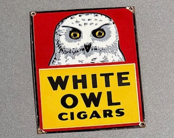 Vintage-Schild aus Porzellan mit weißer Eule, Zigarren, Vogel, Tabak, Auto, Öl, Gas, LKW, Motorrad