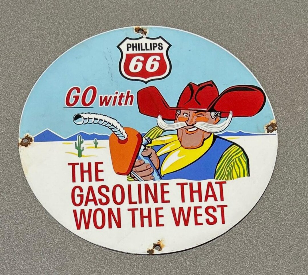 VINTAGE 12” PHILLIPS ROUTE 66 Porcelain Sign Car Oil Gas Truck